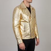 Men's Metallic Gold Studded Leather Biker Jacket — Abbeville