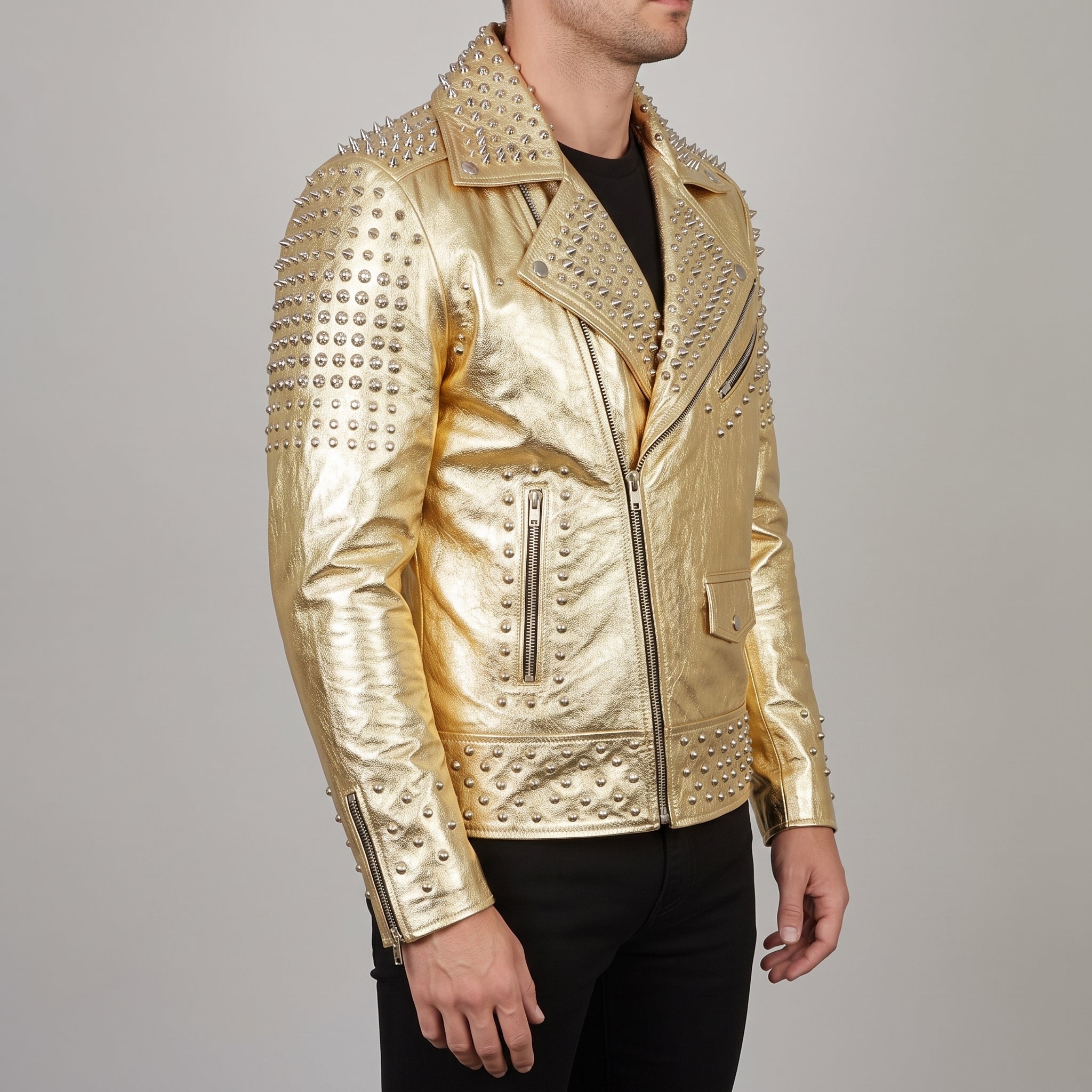 Men's Metallic Gold Studded Leather Biker Jacket — Abbeville