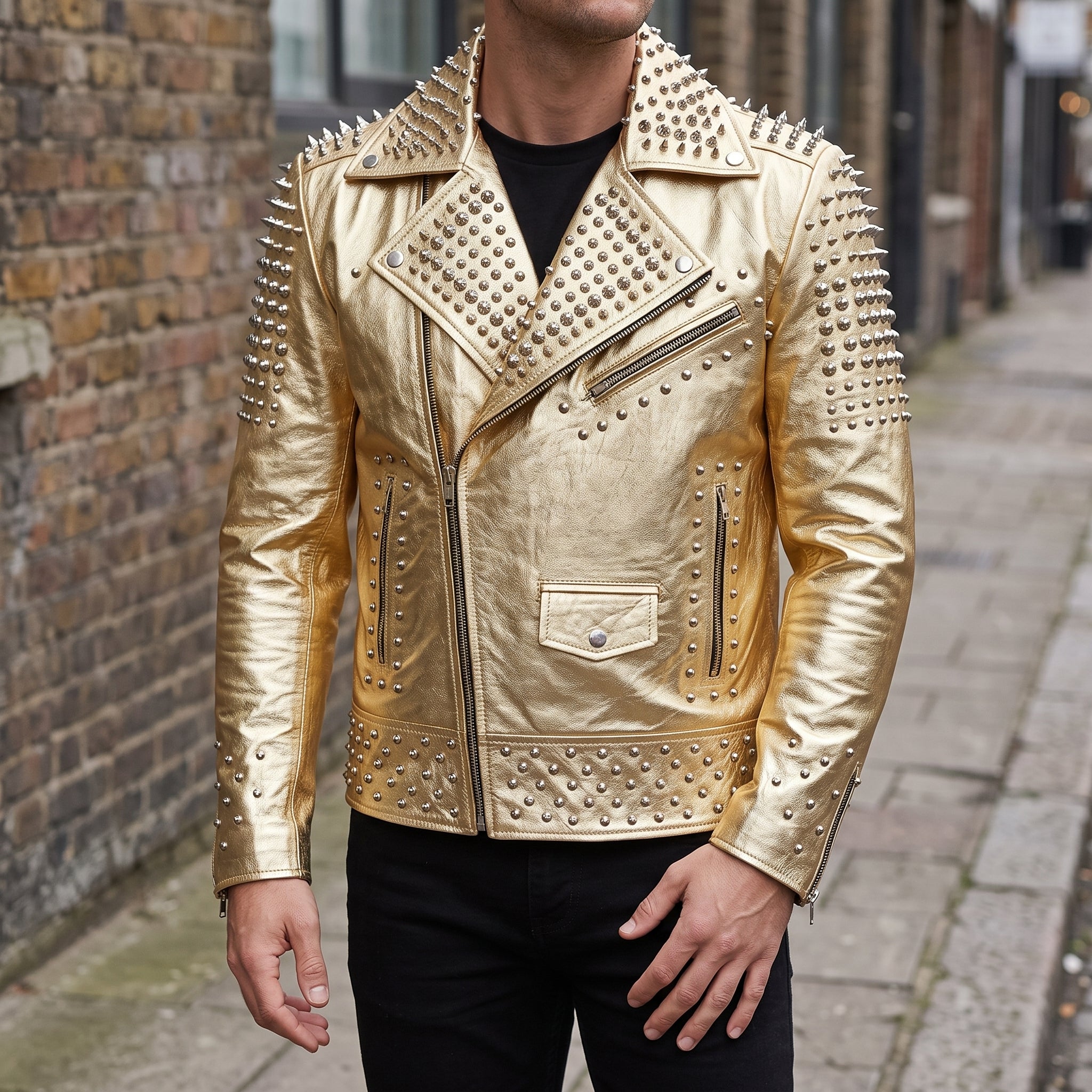 Men's Metallic Gold Studded Leather Biker Jacket — Abbeville
