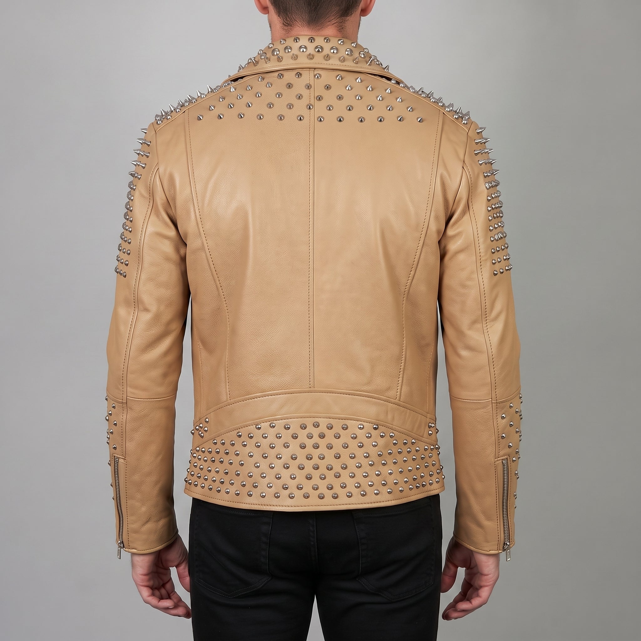 Men's Tan Studded Leather Biker Jacket — Abbeville