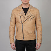 Men's Tan Studded Leather Biker Jacket — Abbeville