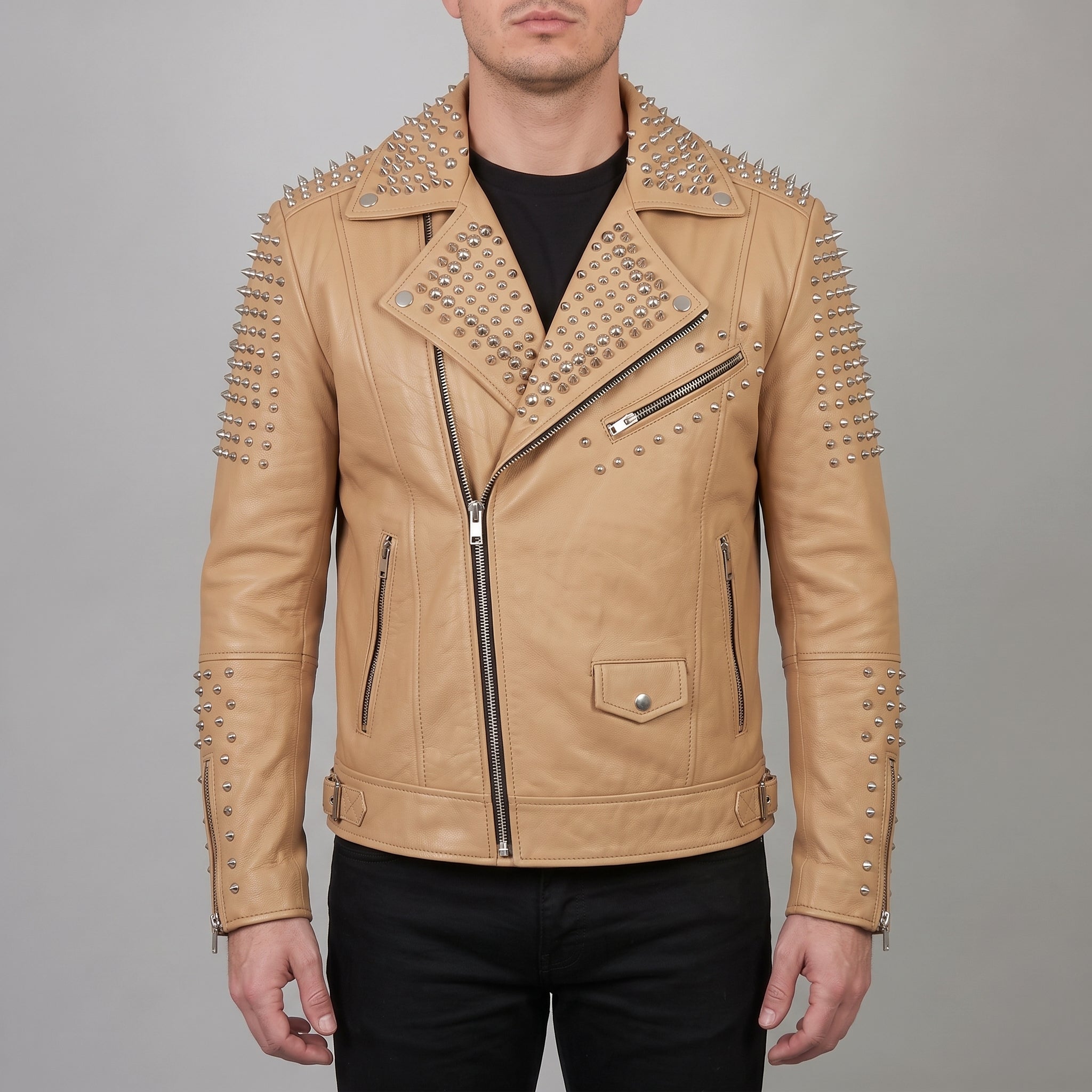 Men's Tan Studded Leather Biker Jacket — Abbeville