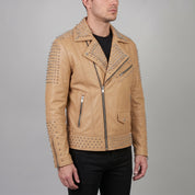 Men's Tan Studded Leather Biker Jacket — Abbeville