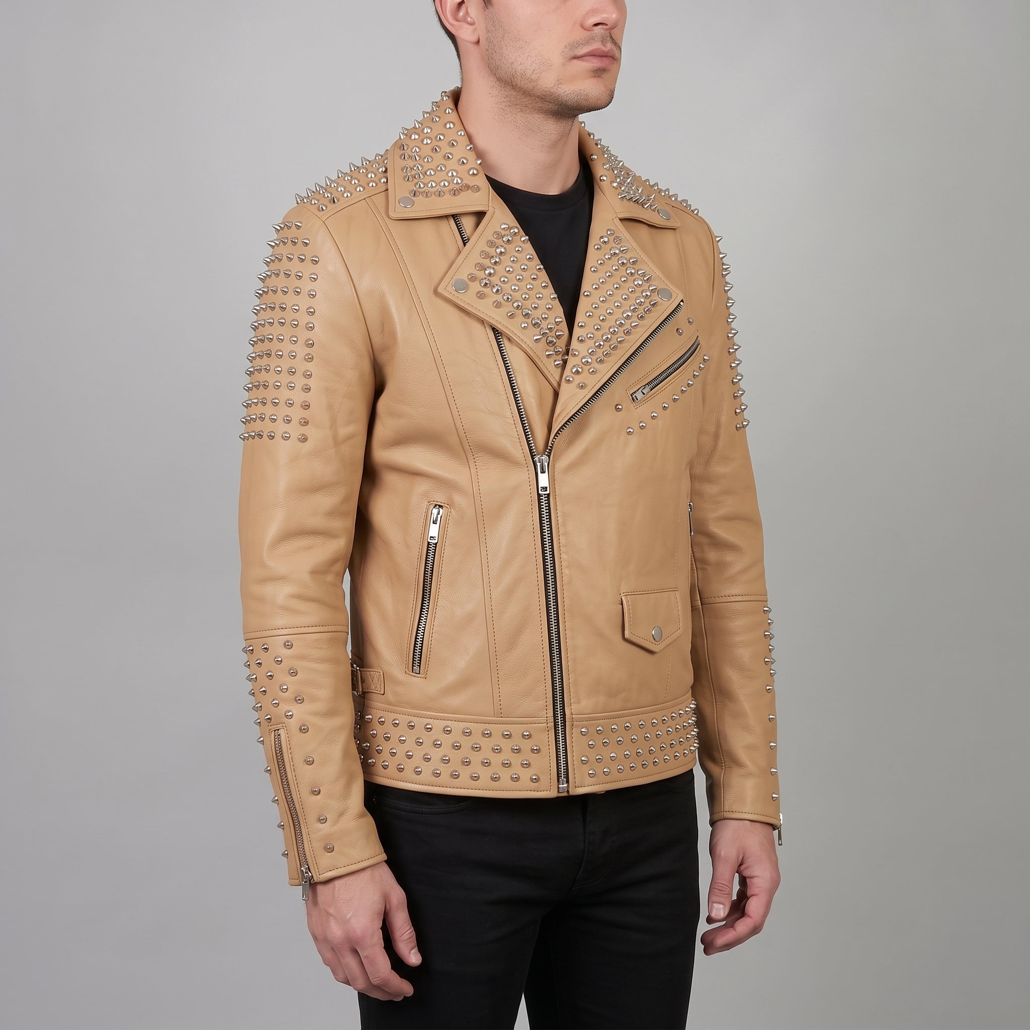 Men's Tan Studded Leather Biker Jacket — Abbeville