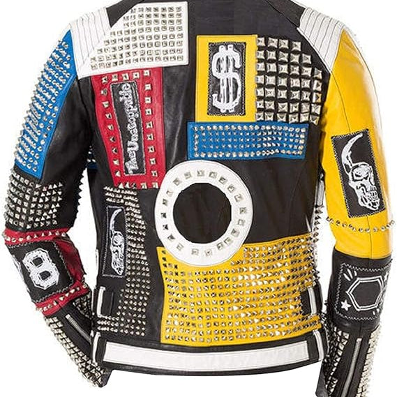 Men's Multicolor Diamond Studded Brando Retro Motorcycle Rock Punk Jacket