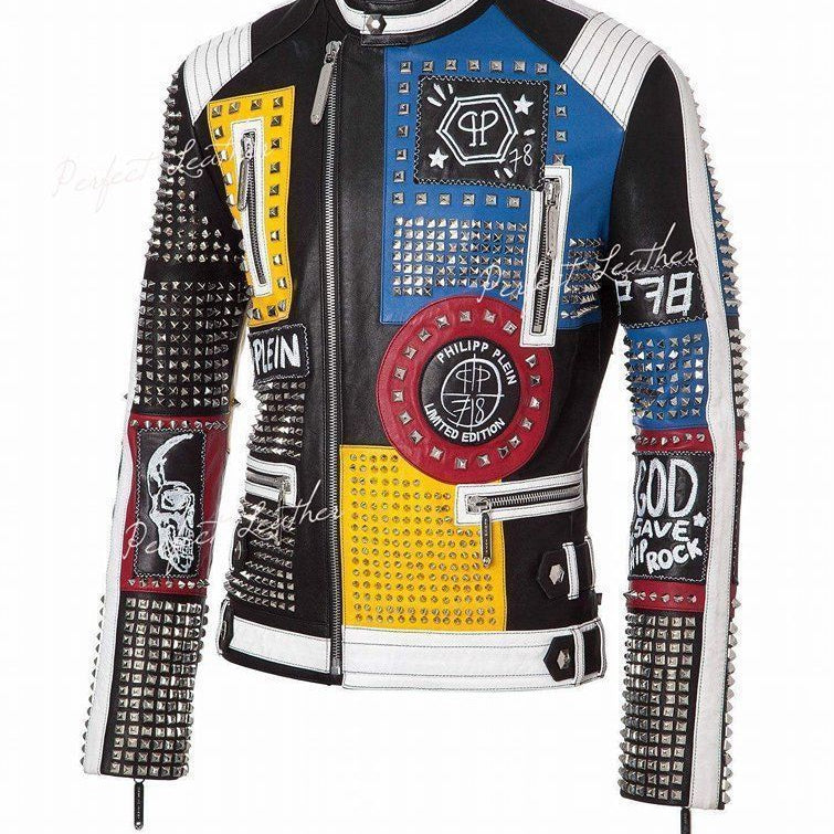 Men's Multicolor Diamond Studded Brando Retro Motorcycle Rock Punk Jacket