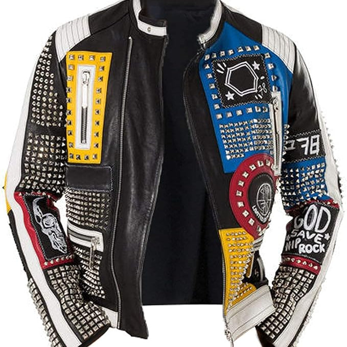 Men's Multicolor Diamond Studded Brando Retro Motorcycle Rock Punk Jacket