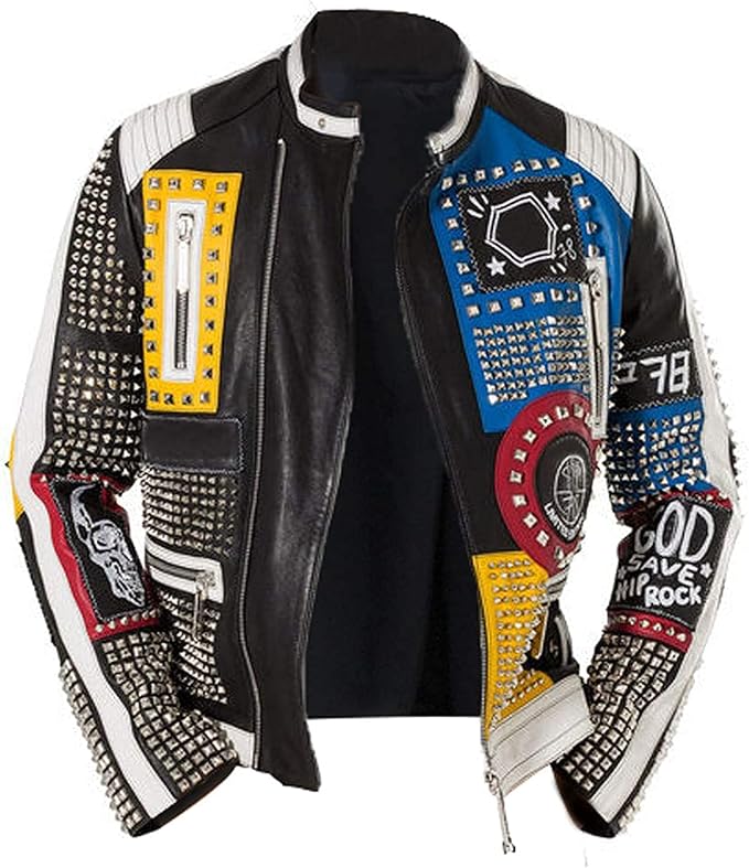 Men's Multicolor Diamond Studded Brando Retro Motorcycle Rock Punk Jacket