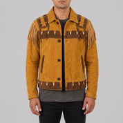 Men's Mustard Yellow and Brown Fringed Suede Trucker Jacket — Hurlingham