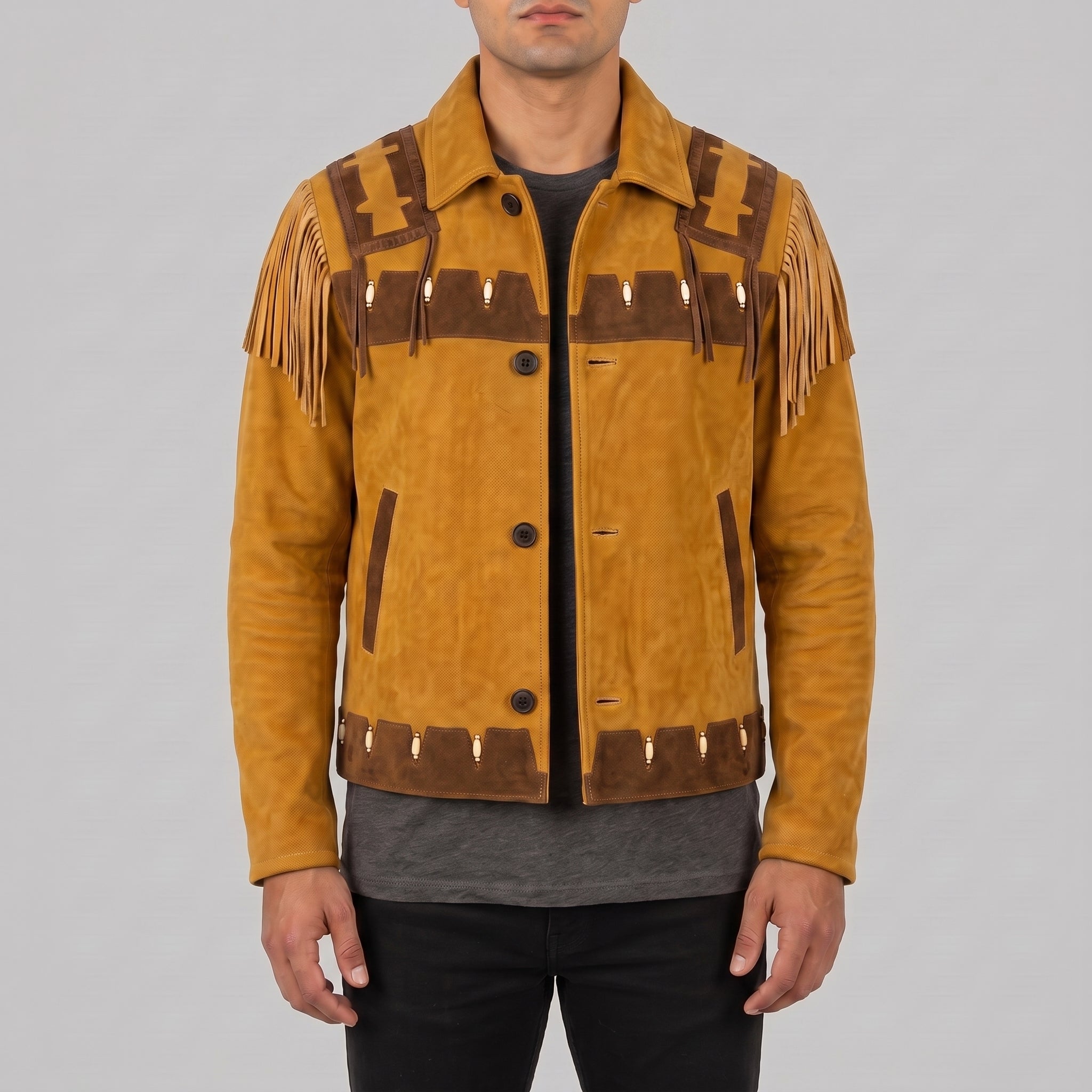 Men's Mustard Yellow and Brown Fringed Suede Trucker Jacket — Hurlingham