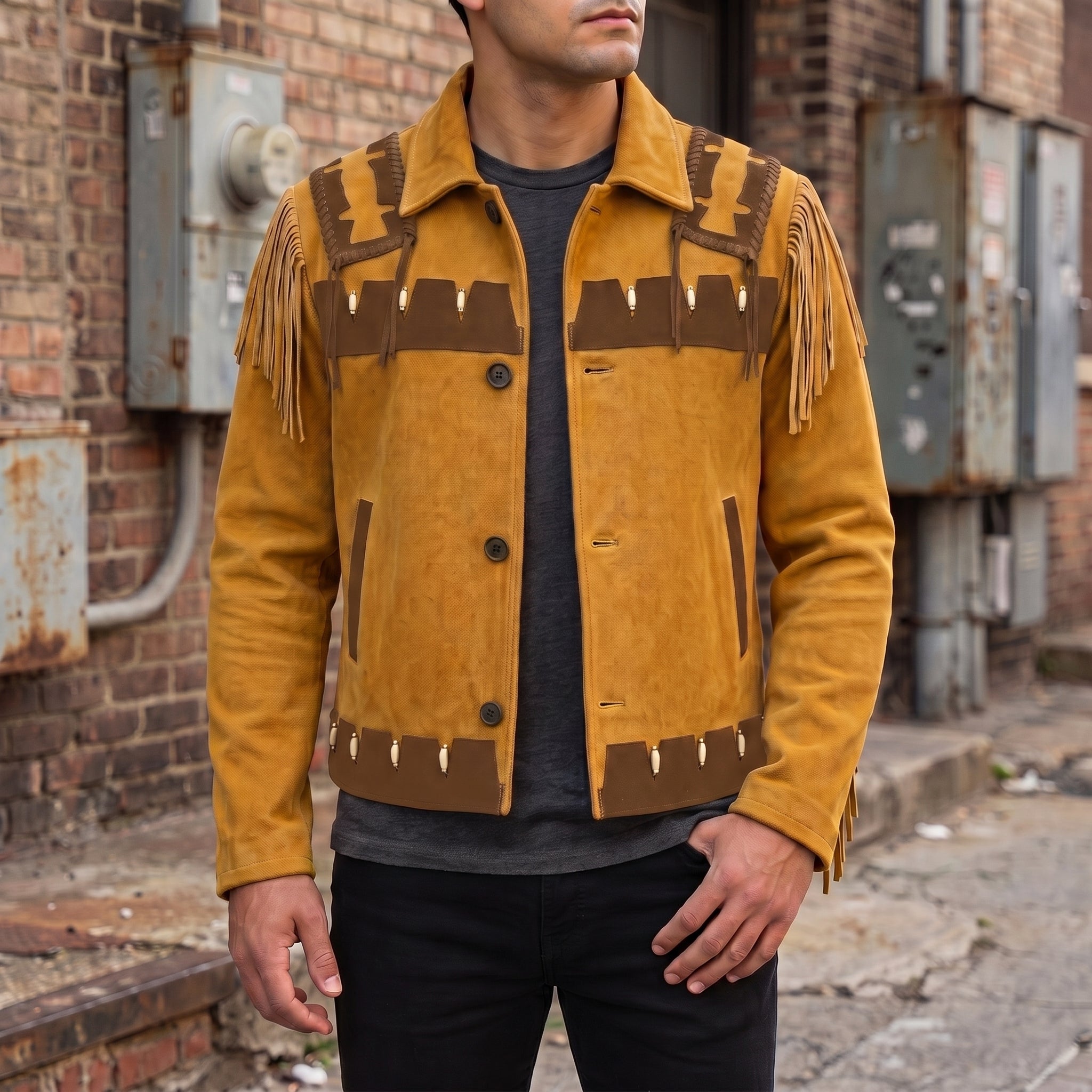 Men's Mustard Yellow and Brown Fringed Suede Trucker Jacket — Hurlingham