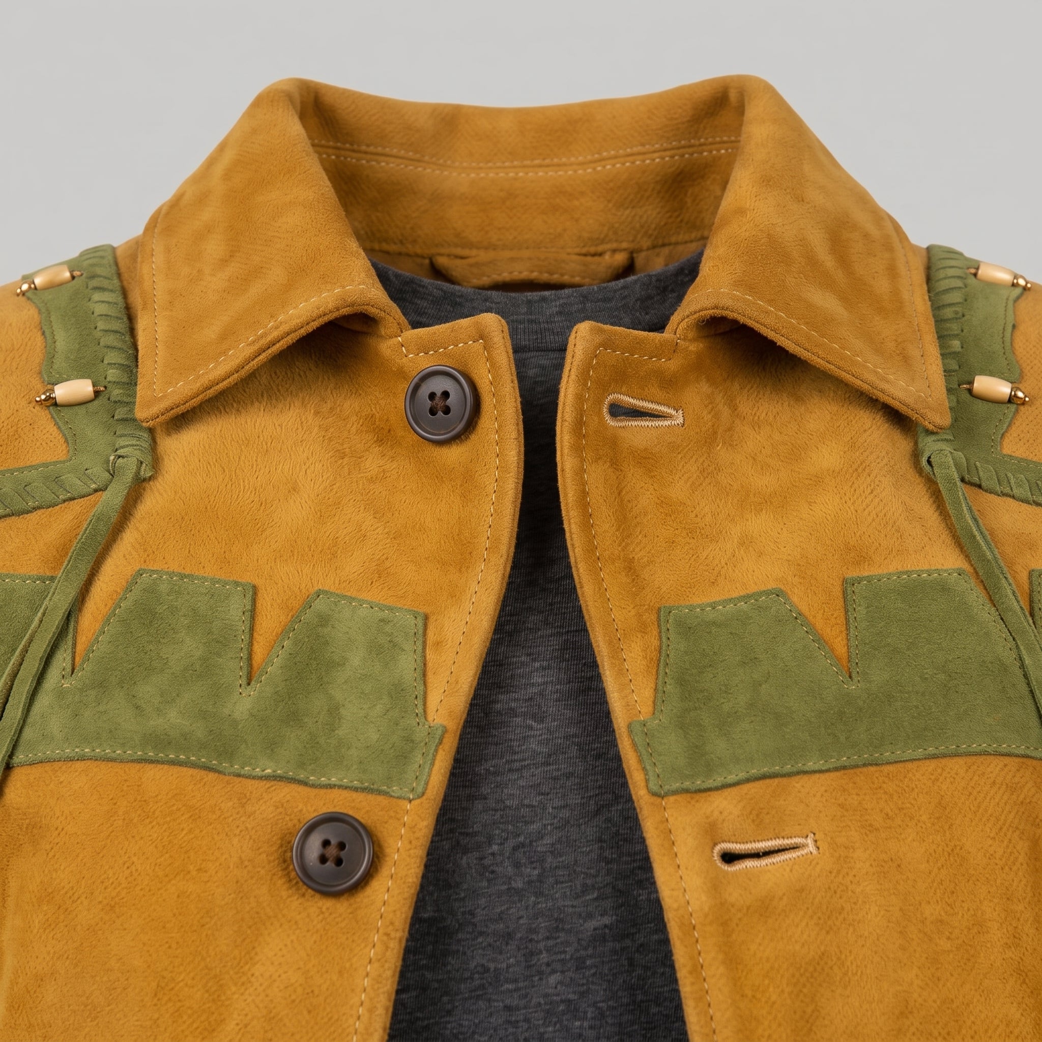 Men's Mustard Yellow and Olive Green Fringed Suede Trucker Jacket — Hurlingham