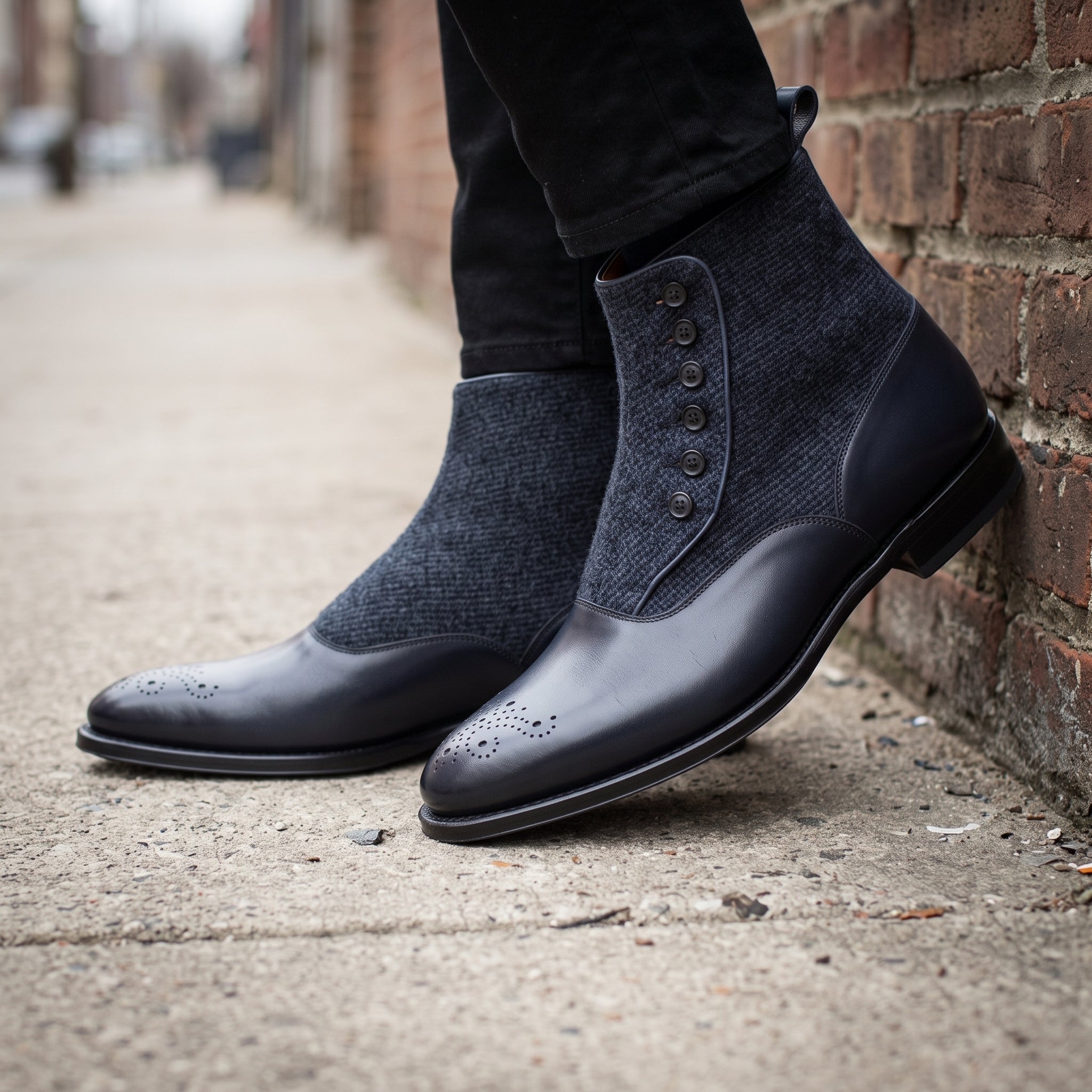 Men's Navy and Black Cap-Toe Leather Button Boots — Herrington