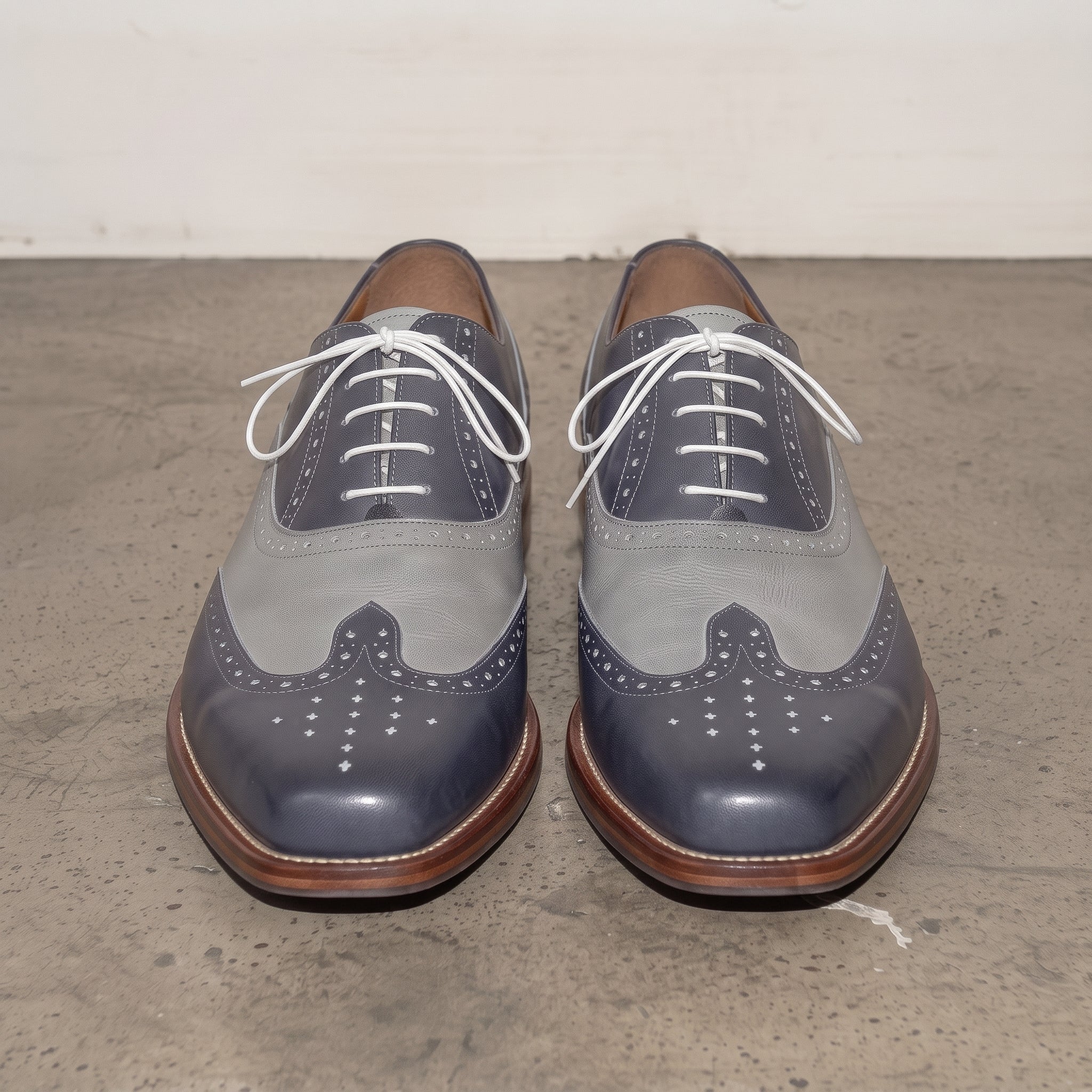 Men's Navy and Grey Two-Tone Wingtip Leather Spectator Oxfords — Edgeley
