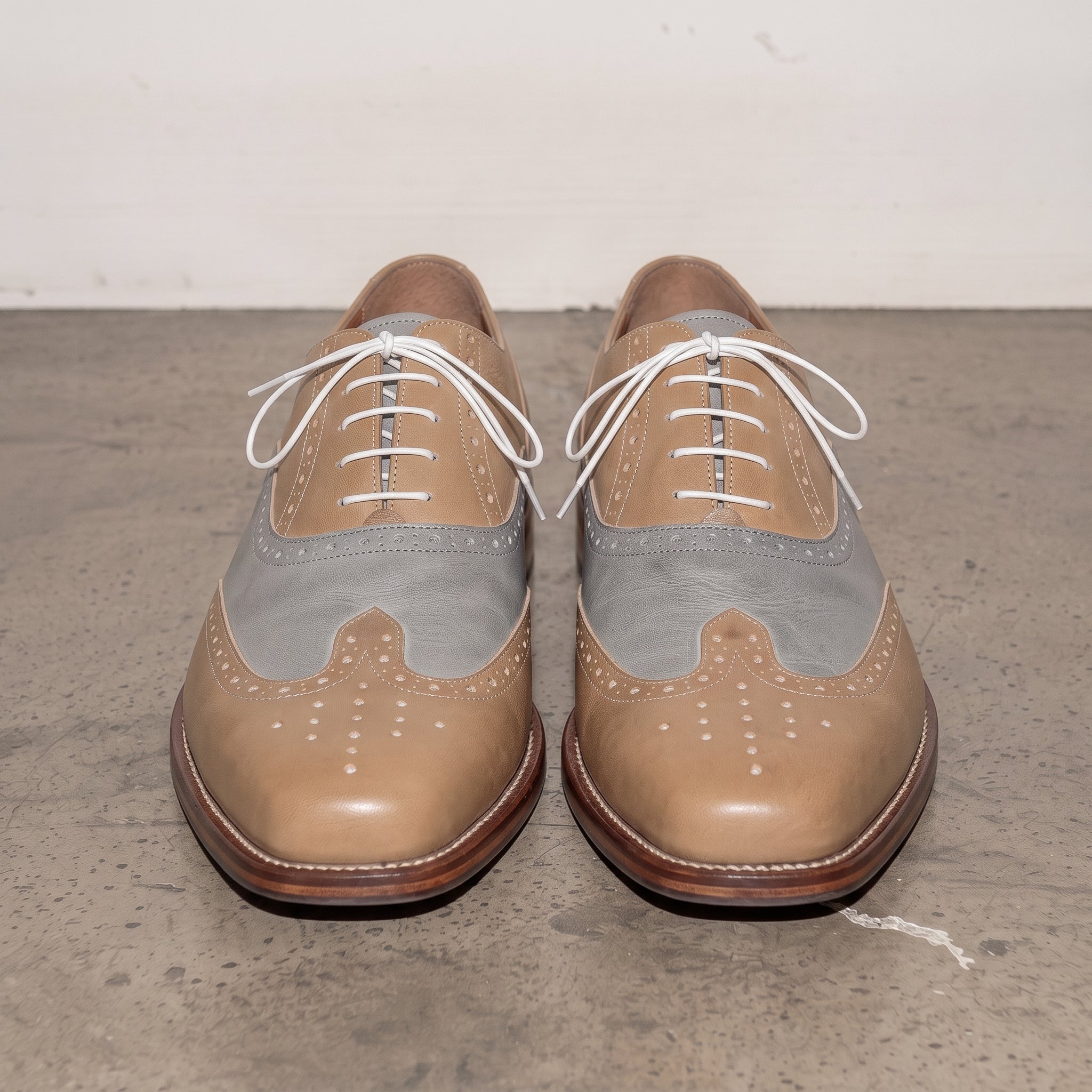 Men's Tan and Grey Two-Tone Wingtip Leather Spectator Oxfords — Edgeley