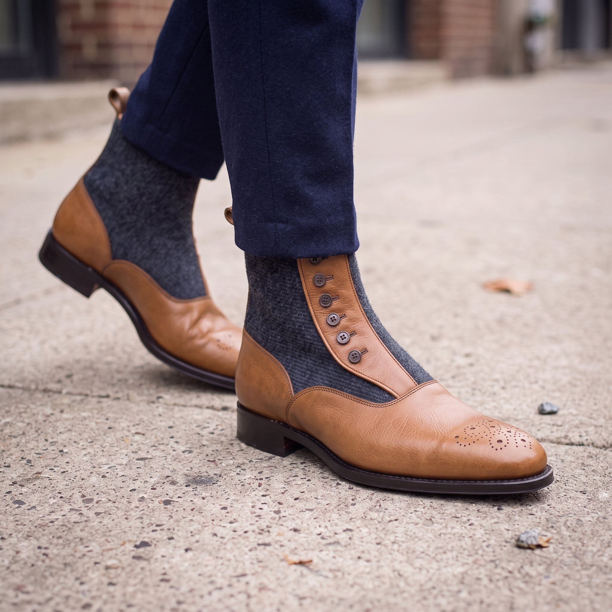 Men's Navy and Tan Leather Button Boots — Herrington