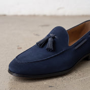 Men's Navy Apron-Toe Suede Tassel Loafers — Adscombe