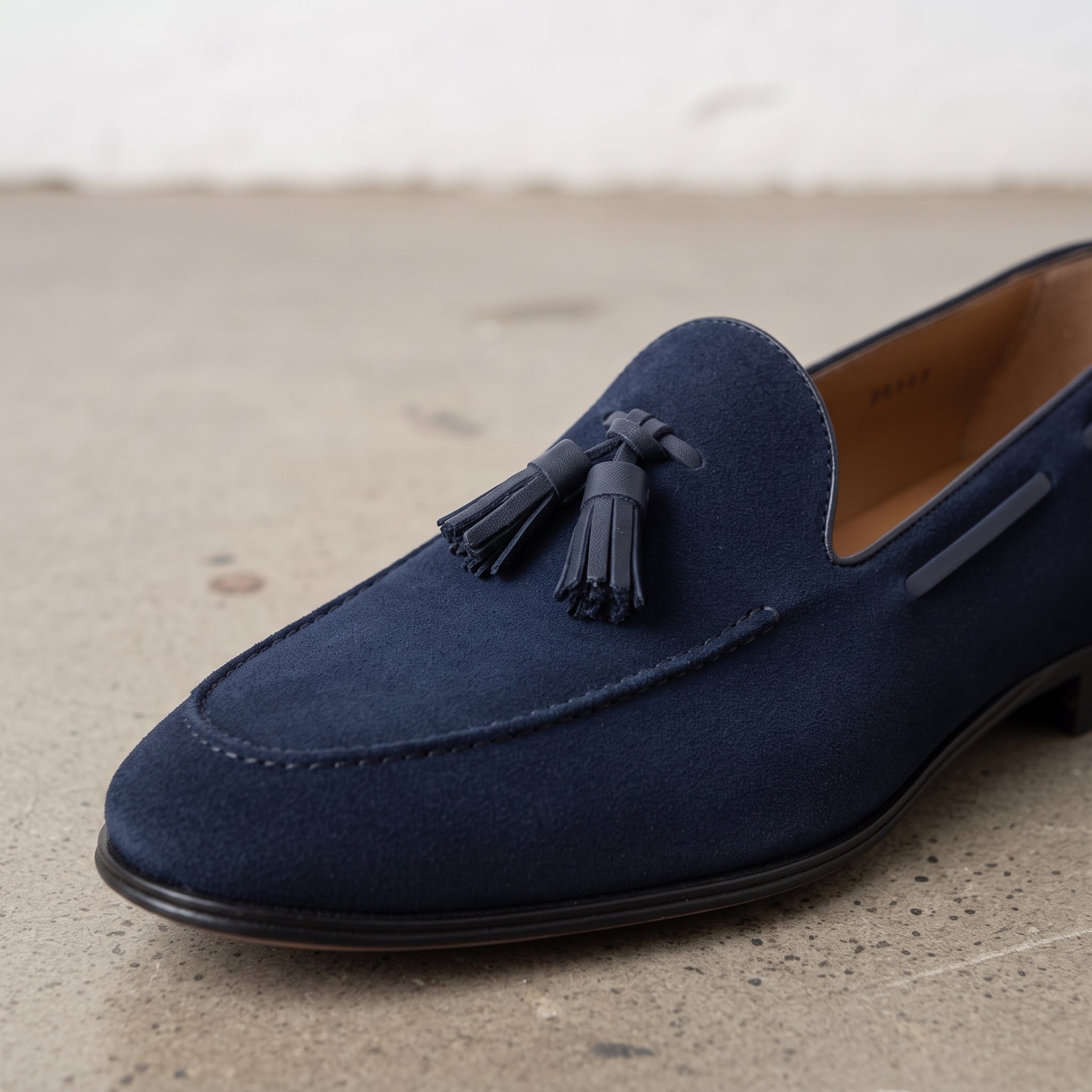 Men's Navy Apron-Toe Suede Tassel Loafers — Adscombe