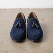 Men's Navy Apron-Toe Suede Tassel Loafers — Adscombe