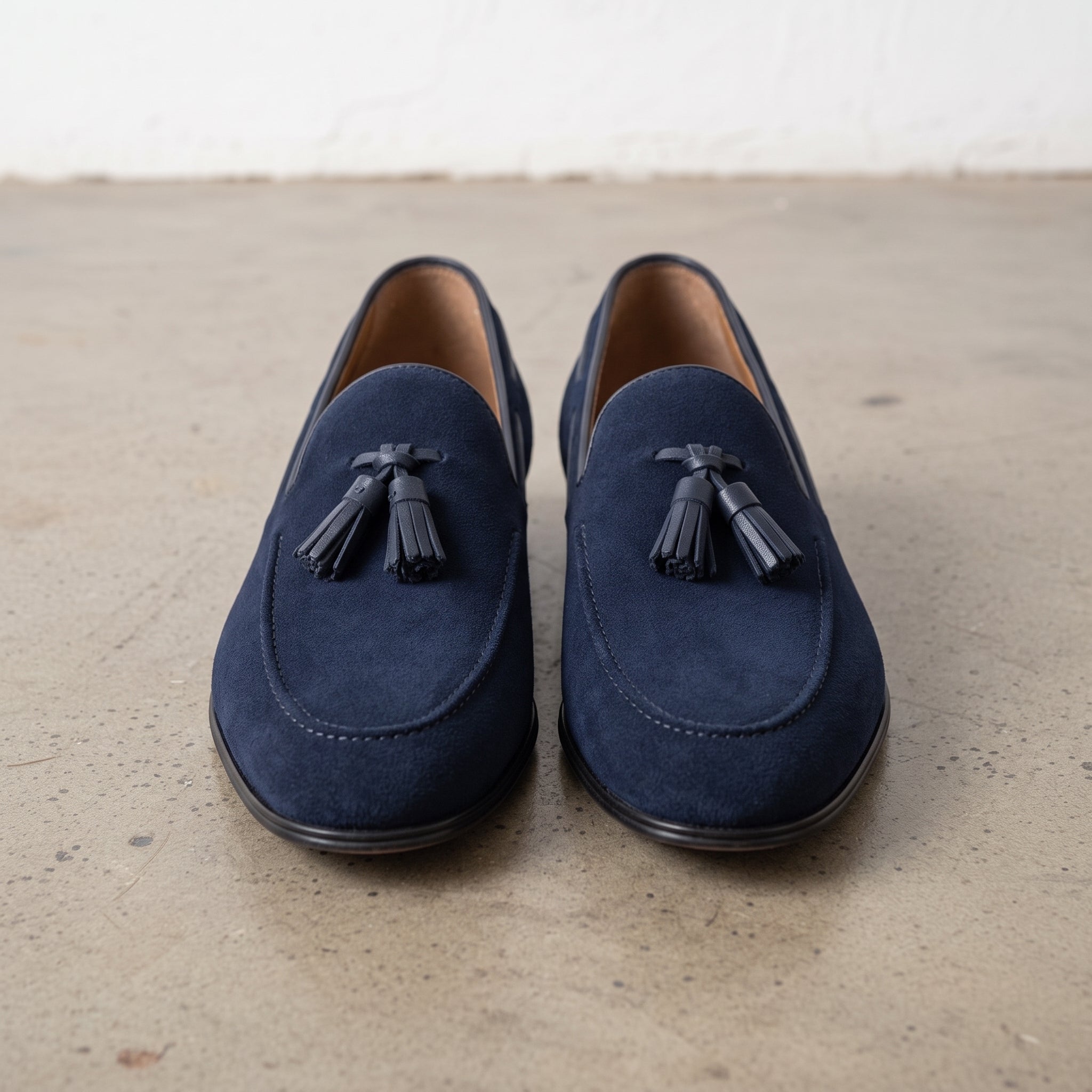 Men's Navy Apron-Toe Suede Tassel Loafers — Adscombe
