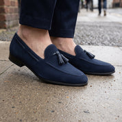 Men's Navy Apron-Toe Suede Tassel Loafers — Adscombe