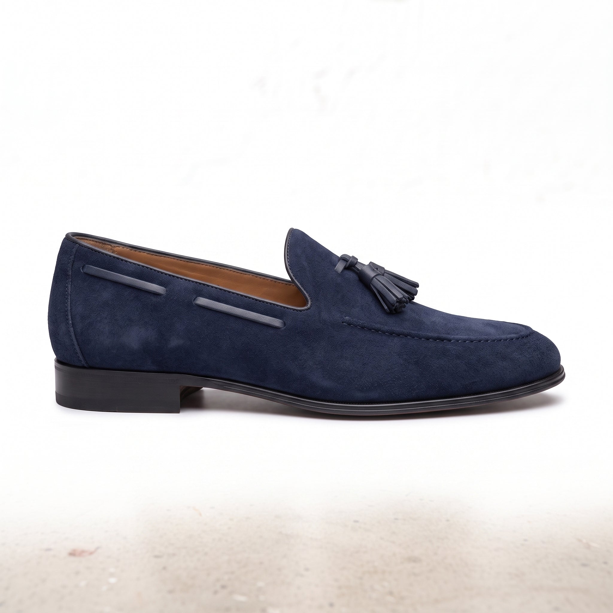 Men's Navy Apron-Toe Suede Tassel Loafers — Adscombe