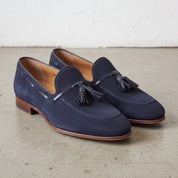 Men's Navy Apron-Toe Suede Tassel Loafers — Chillingham