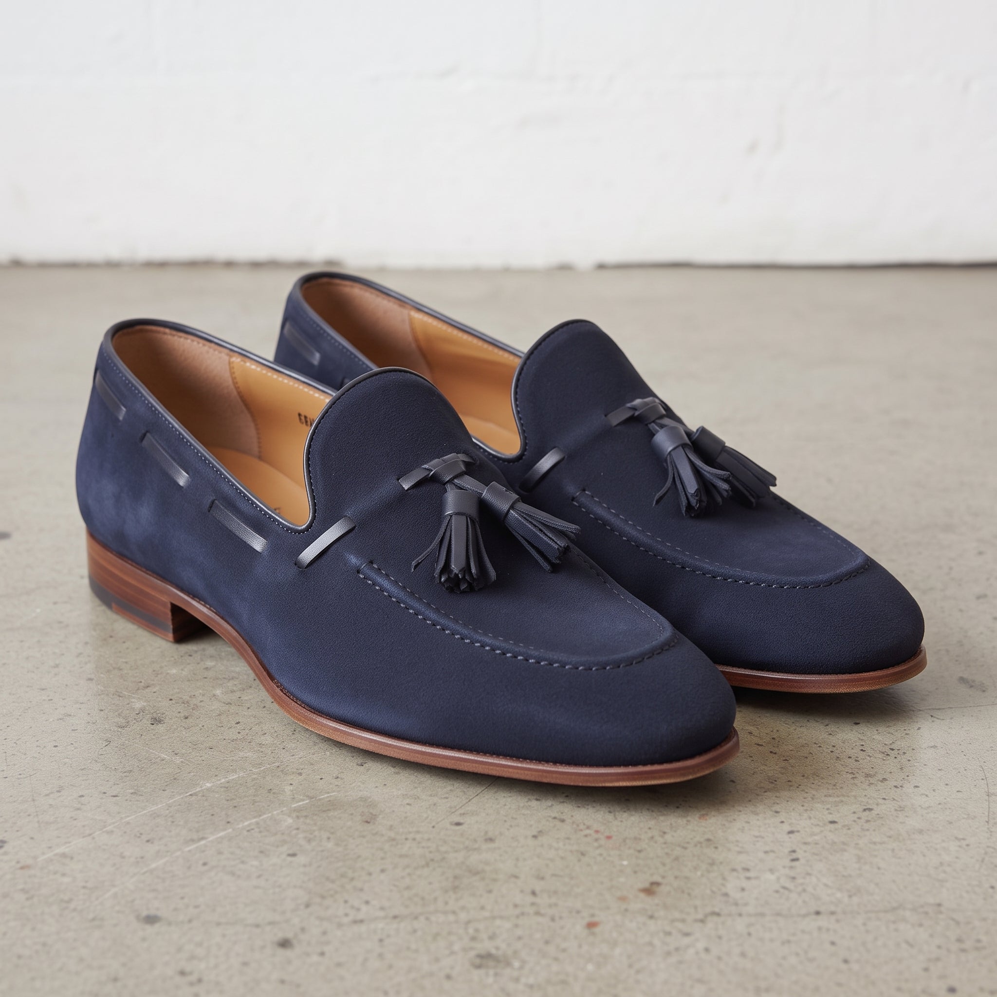 Men's Navy Apron-Toe Suede Tassel Loafers — Chillingham