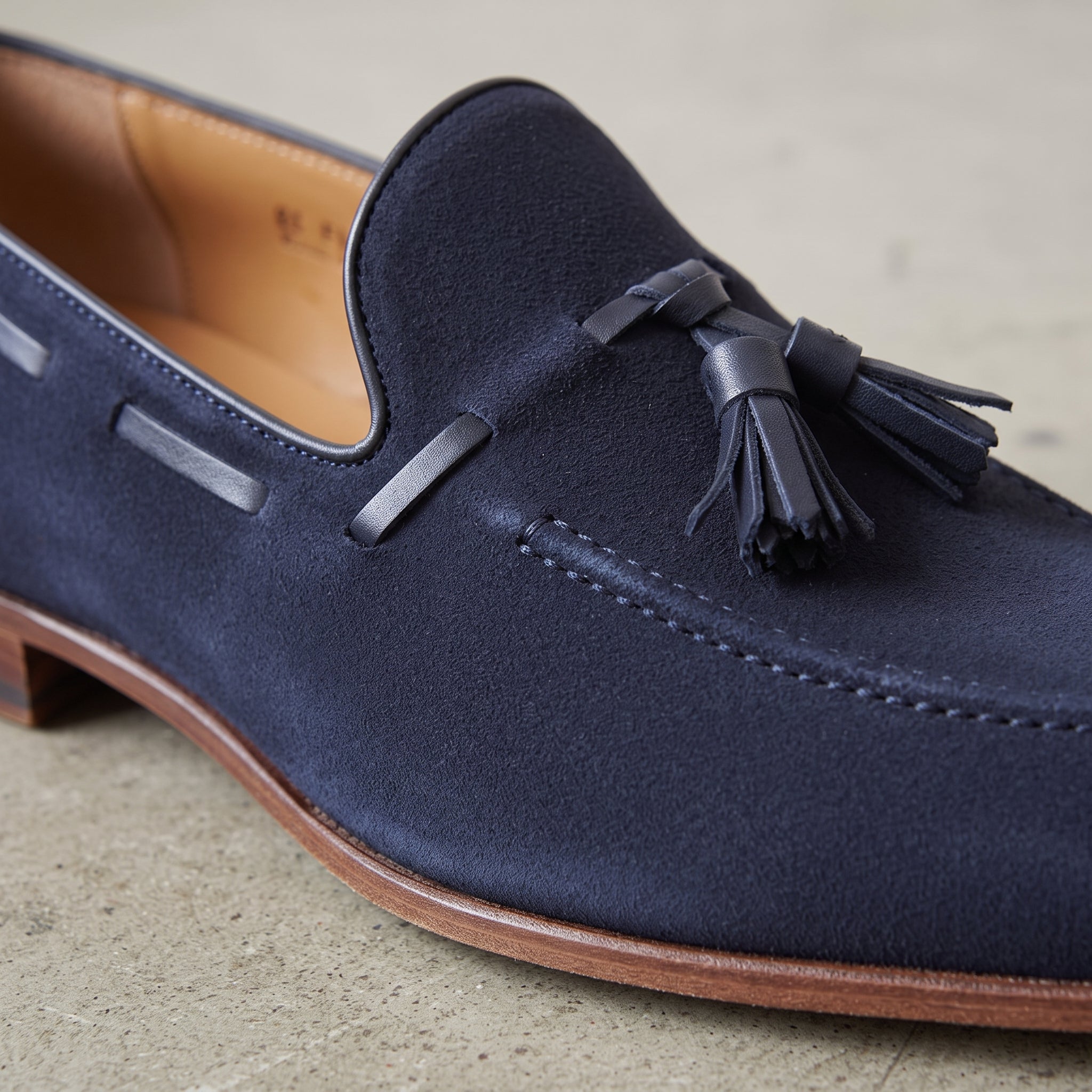Men's Navy Apron-Toe Suede Tassel Loafers — Chillingham