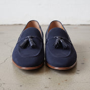 Men's Navy Apron-Toe Suede Tassel Loafers — Chillingham