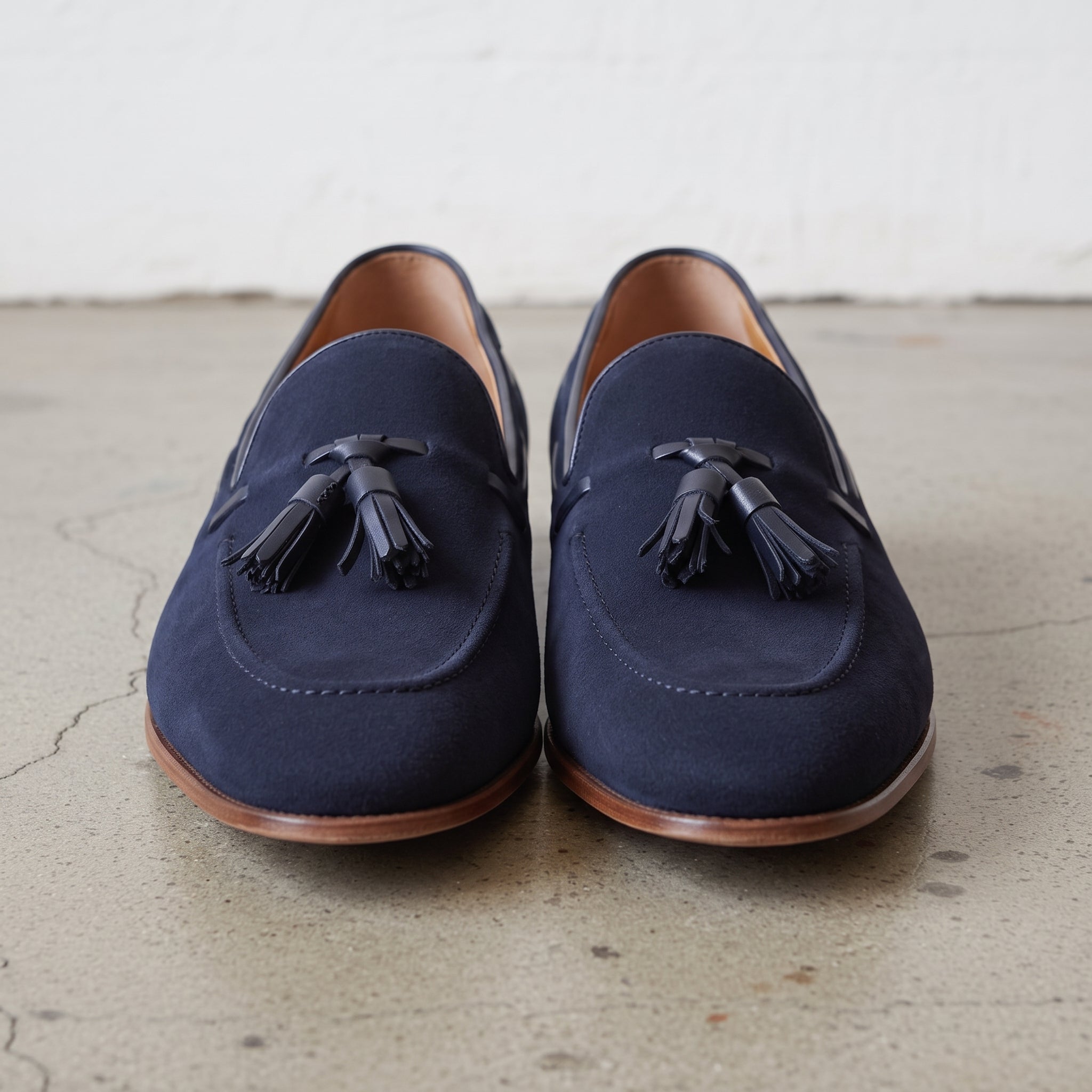 Men's Navy Apron-Toe Suede Tassel Loafers — Chillingham
