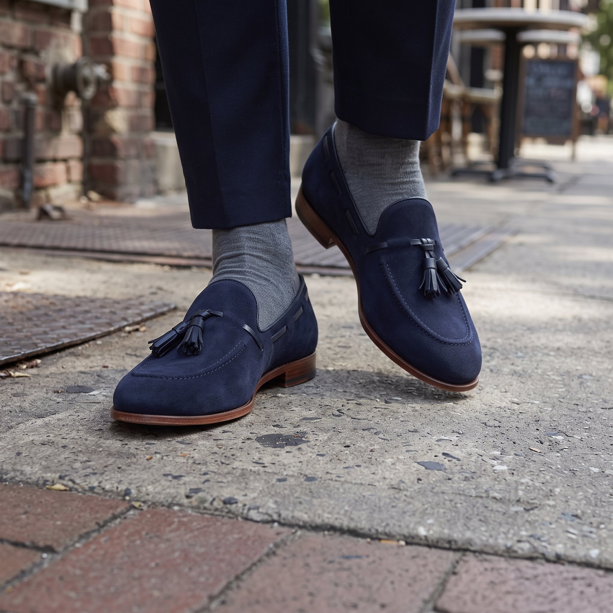 Men's Navy Apron-Toe Suede Tassel Loafers — Chillingham