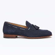 Men's Navy Apron-Toe Suede Tassel Loafers — Chillingham