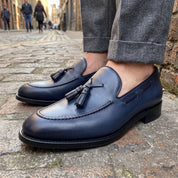 Men's Navy Blue Apron-Toe Leather Tassel Loafers — Bascombe
