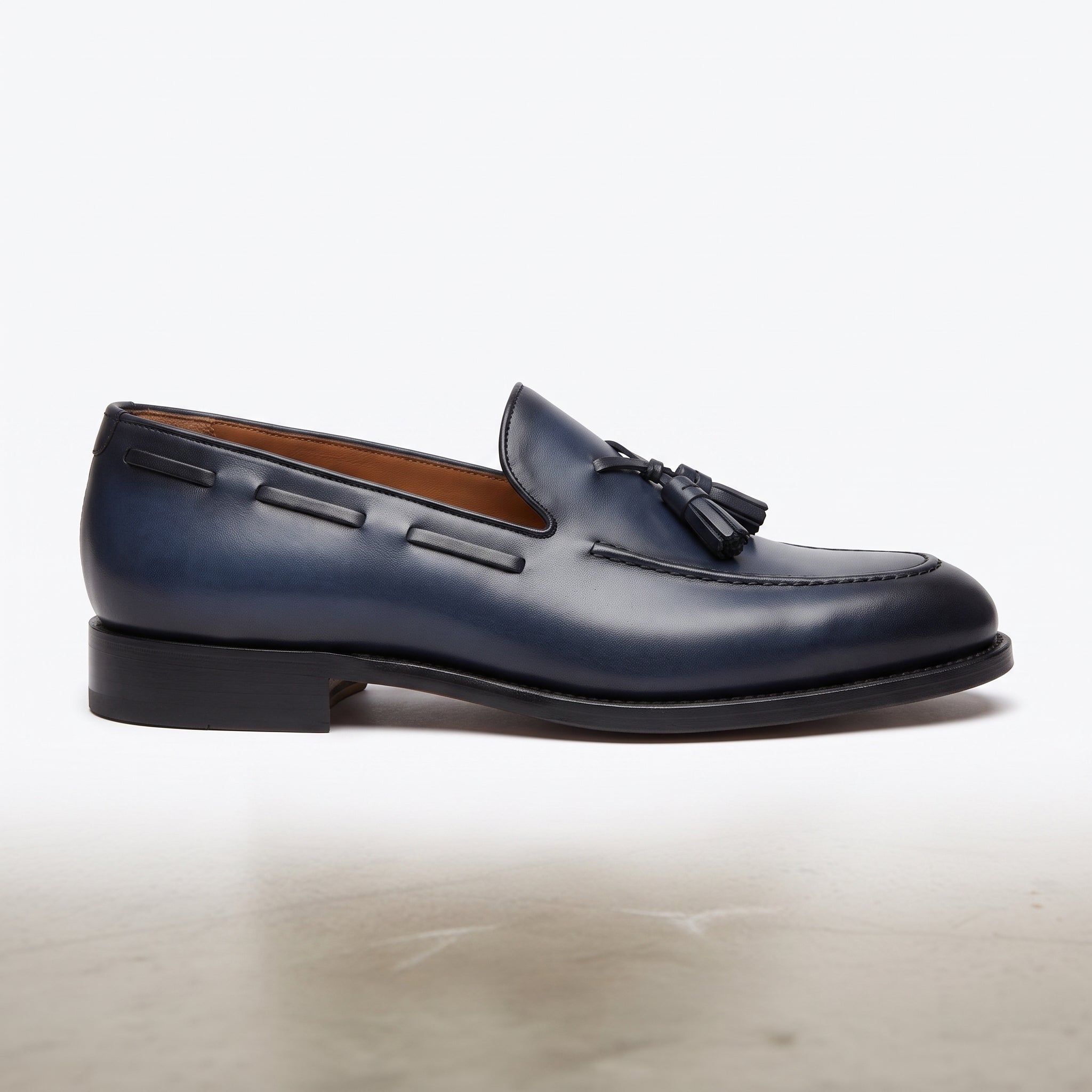 Men's Navy Blue Apron-Toe Leather Tassel Loafers — Bascombe