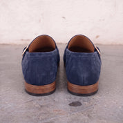 Men's Navy Blue Apron-Toe Suede Monk Strap Loafers — Dishington