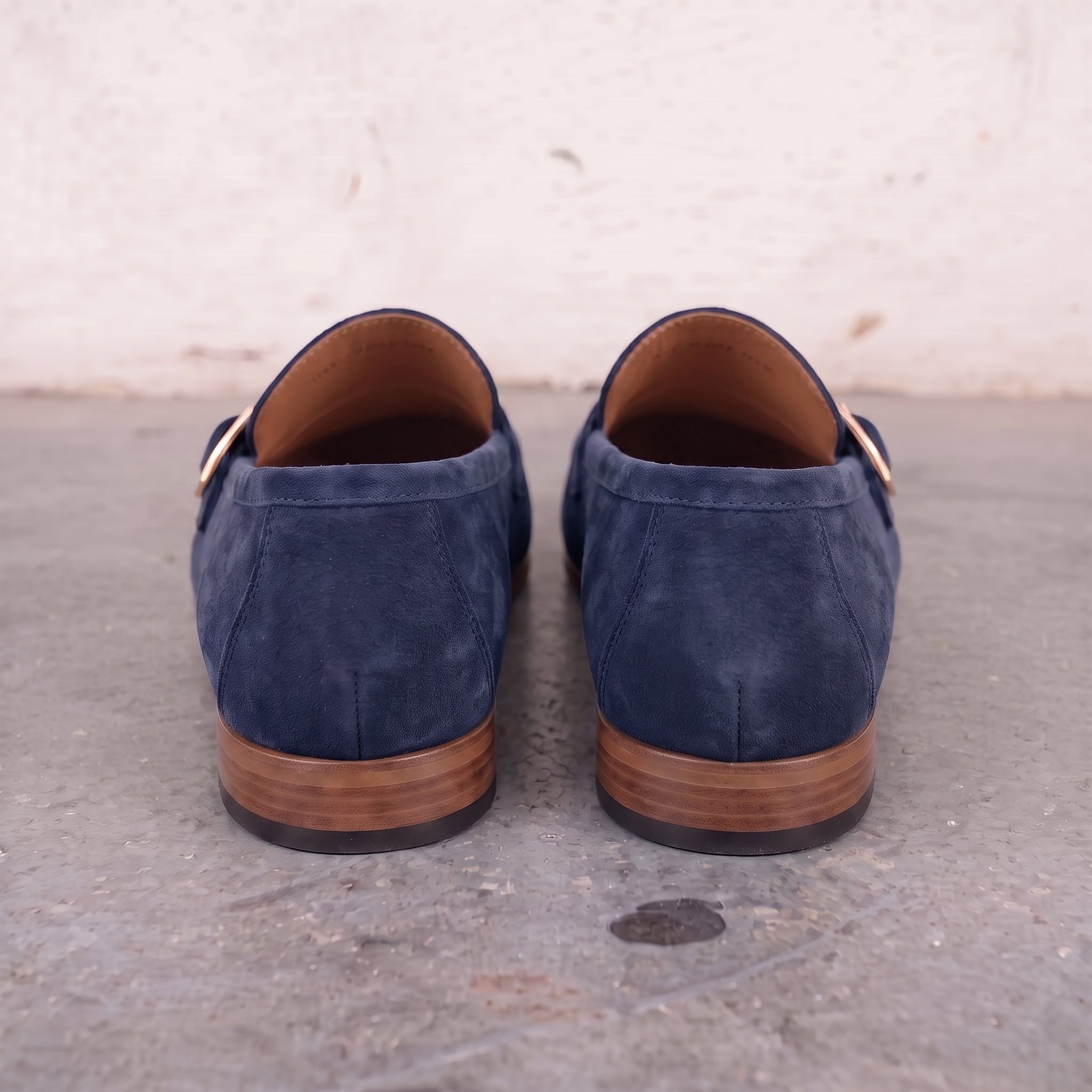 Men's Navy Blue Apron-Toe Suede Monk Strap Loafers — Dishington
