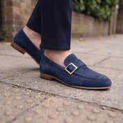 Men's Navy Blue Apron-Toe Suede Monk Strap Loafers — Dishington
