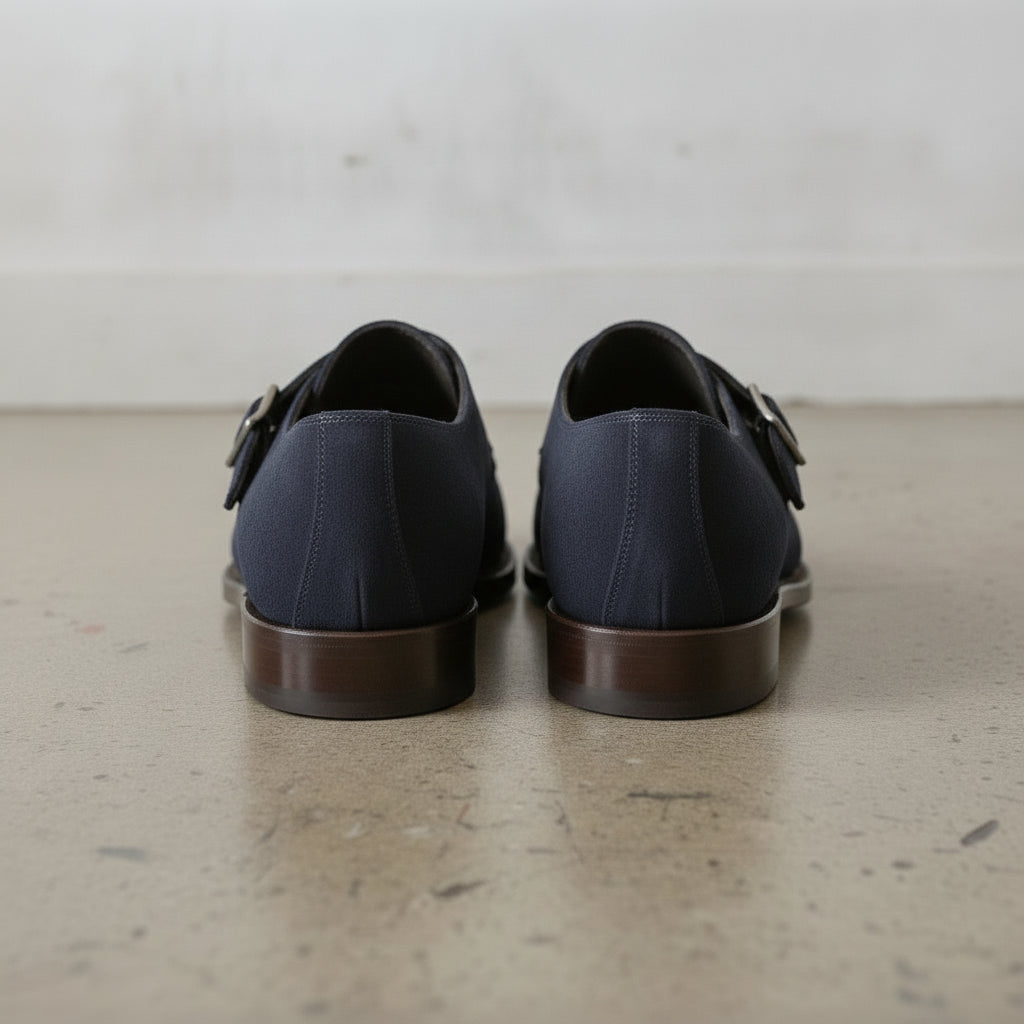 Men's Navy Blue Apron-Toe Suede Monk Strap Shoes — Bagborough