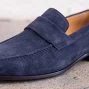 Men's Navy Blue Apron-Toe Suede Penny Loafers — Dedham