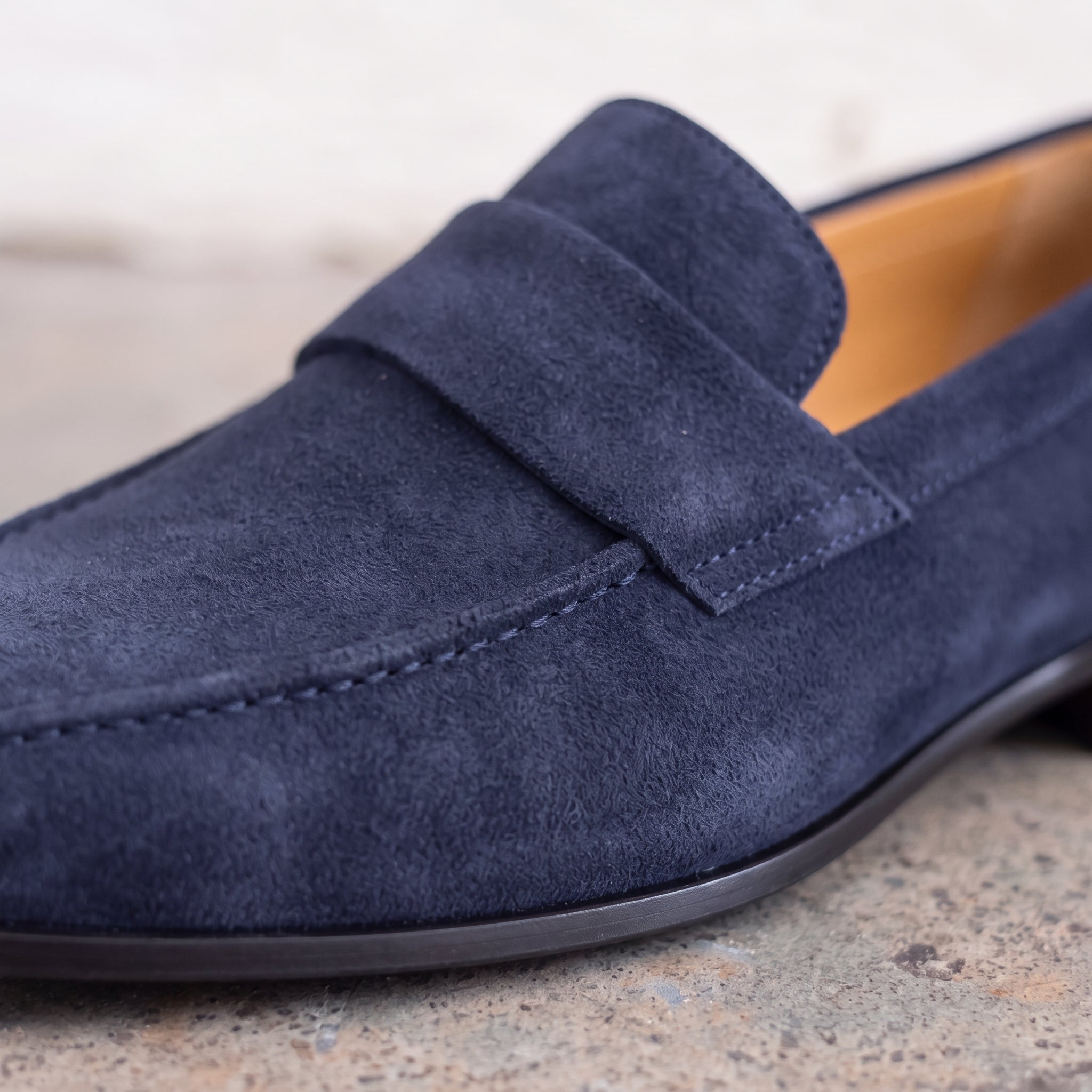 Men's Navy Blue Apron-Toe Suede Penny Loafers — Dedham