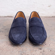 Men's Navy Blue Apron-Toe Suede Penny Loafers — Dedham