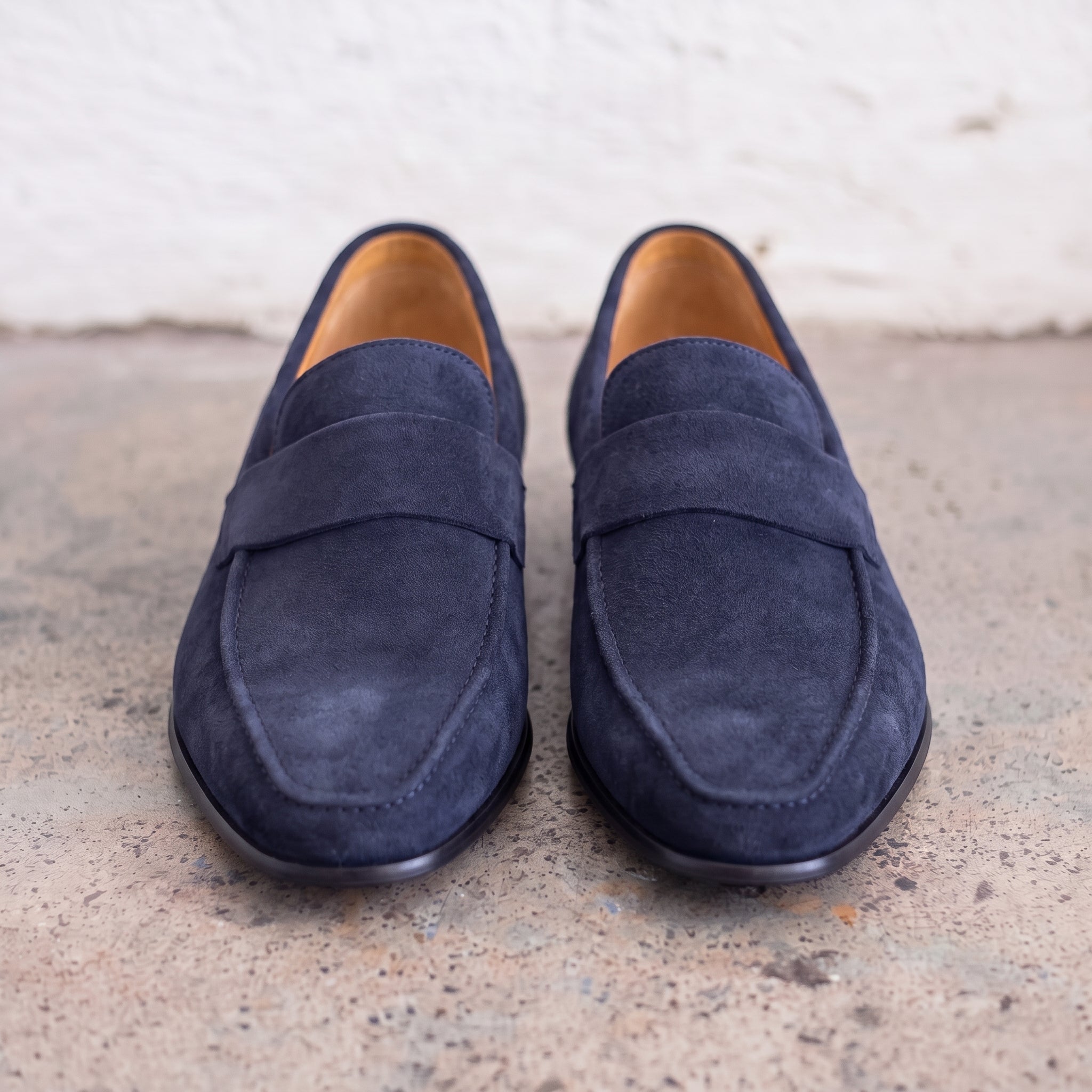 Men's Navy Blue Apron-Toe Suede Penny Loafers — Dedham