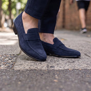 Men's Navy Blue Apron-Toe Suede Penny Loafers — Dedham