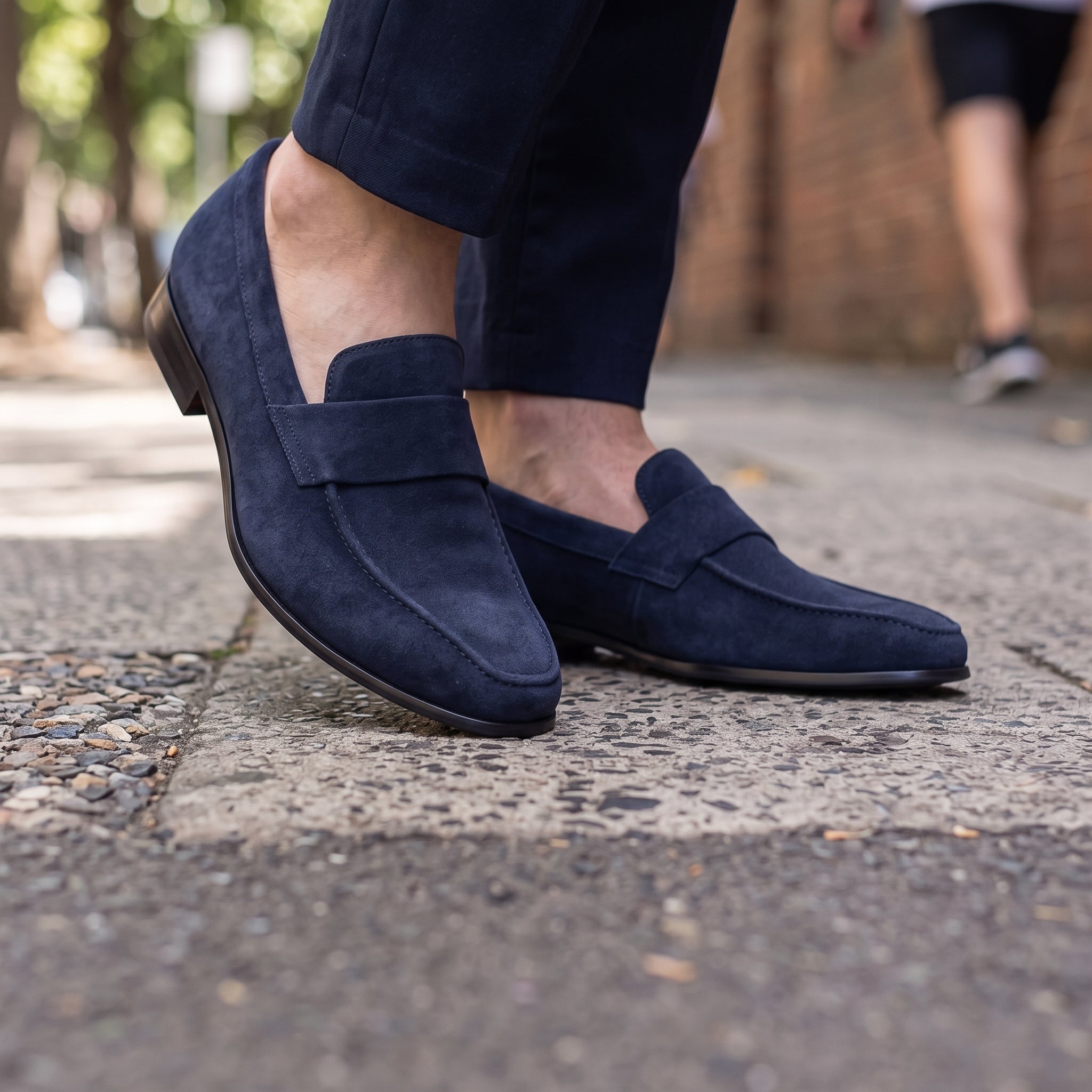 Men's Navy Blue Apron-Toe Suede Penny Loafers — Dedham