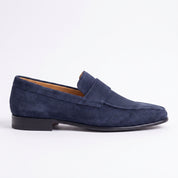 Men's Navy Blue Apron-Toe Suede Penny Loafers — Dedham