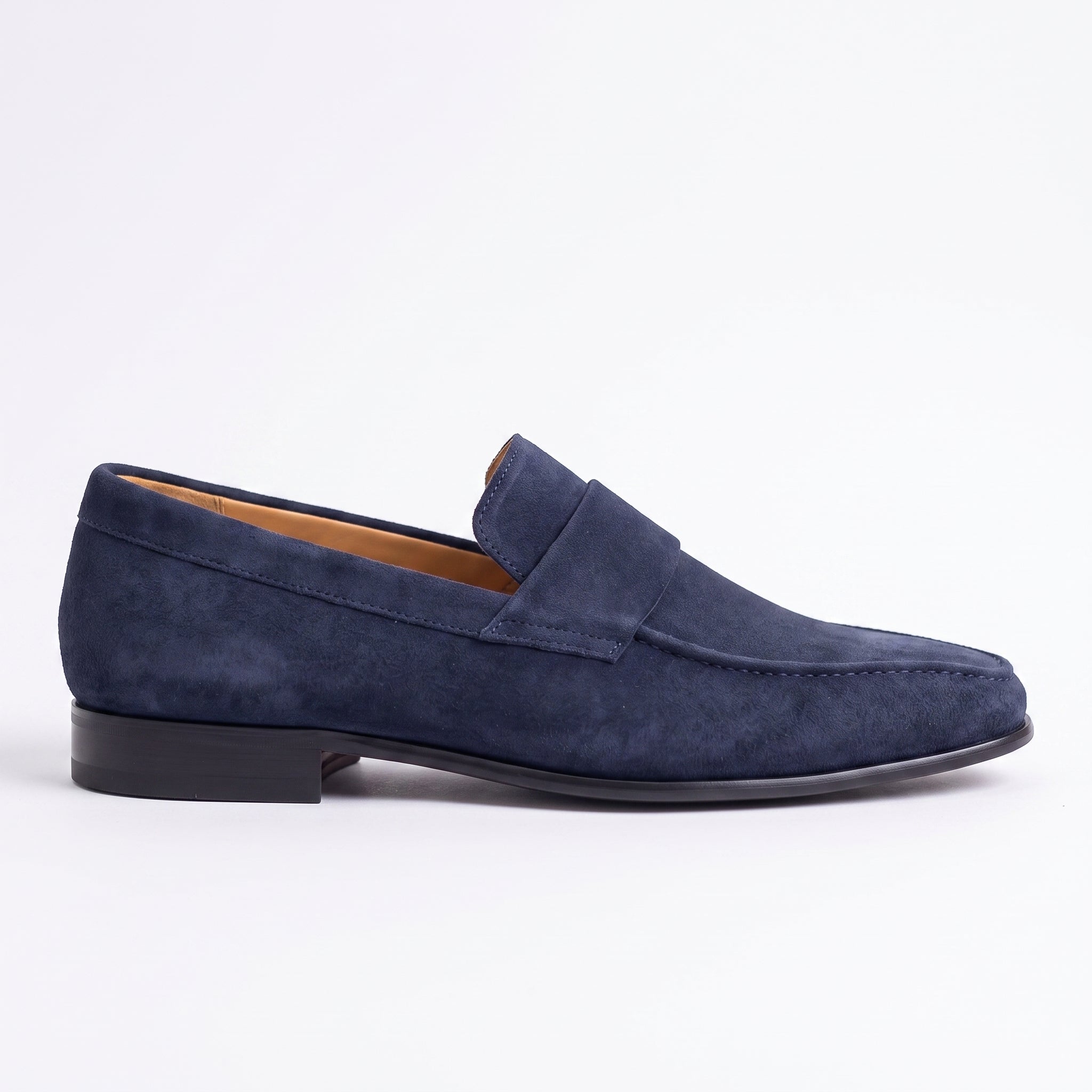 Men's Navy Blue Apron-Toe Suede Penny Loafers — Dedham