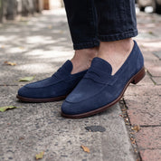 Men's Navy Blue Apron-Toe Suede Penny Loafers — Loughton