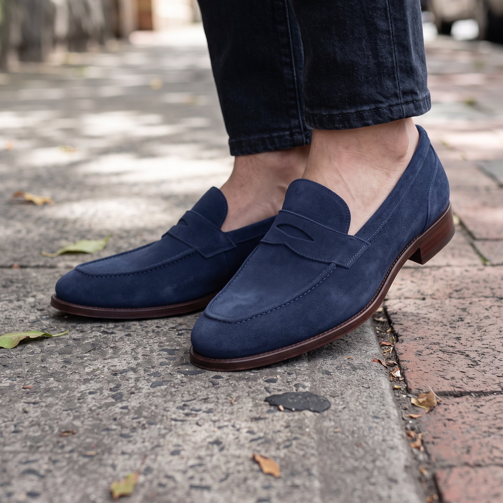 Men's Navy Blue Apron-Toe Suede Penny Loafers — Loughton