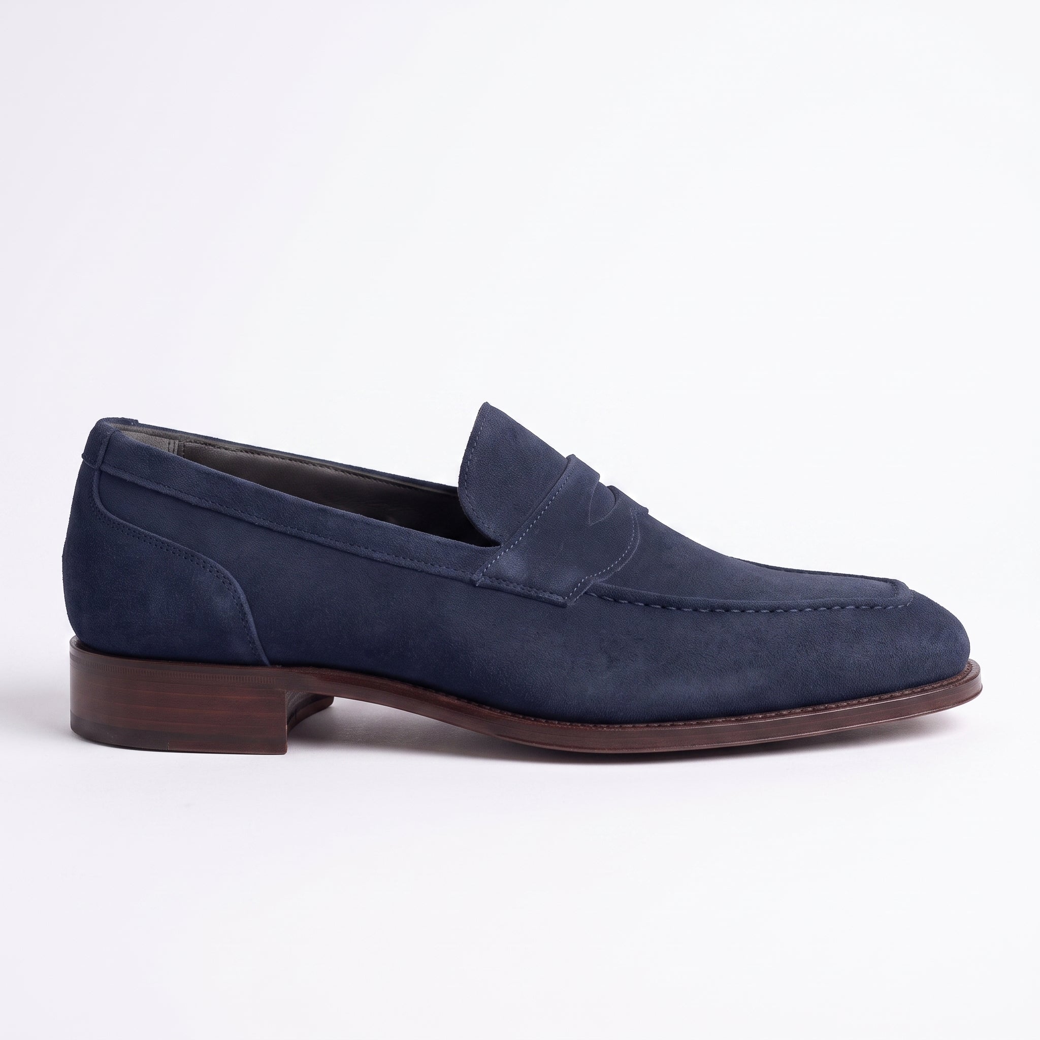 Men's Navy Blue Apron-Toe Suede Penny Loafers — Loughton